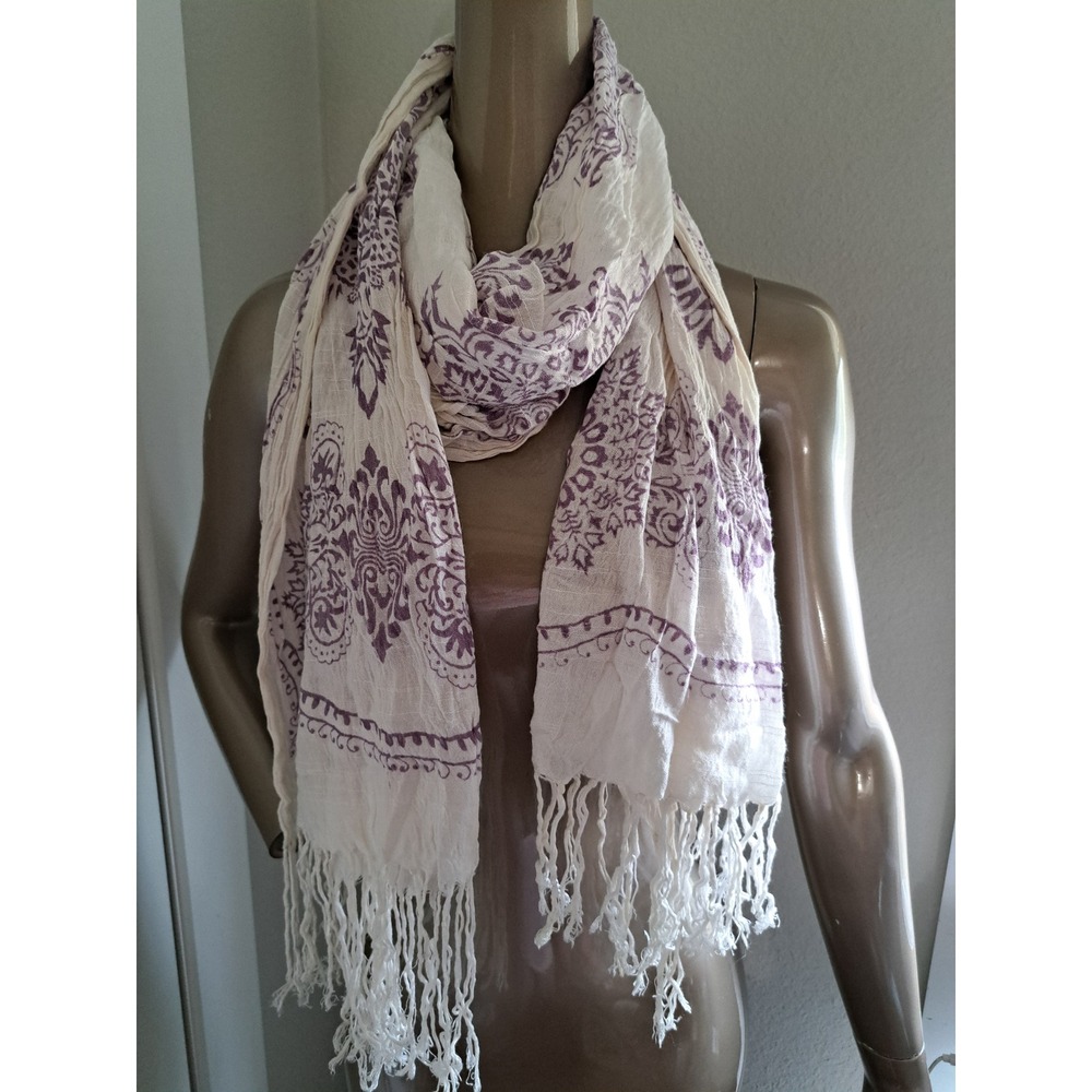Unbranded Purple Damask Print Cream Gauze Fringe Scarf Boho Lightweight Wrap